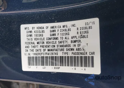 2015 Honda Accord Lx из США, поврежденный, VIN 1HGCR2F37FA129745